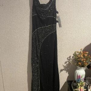 Chaudry black and silver hand beaded‎ silk formal dress
